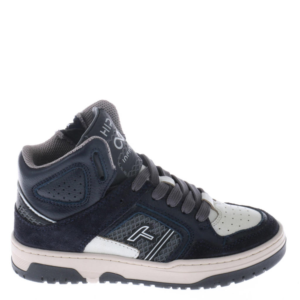 Donkerblauwe jongens Hip leren sneakers met rits- en vetersluiting