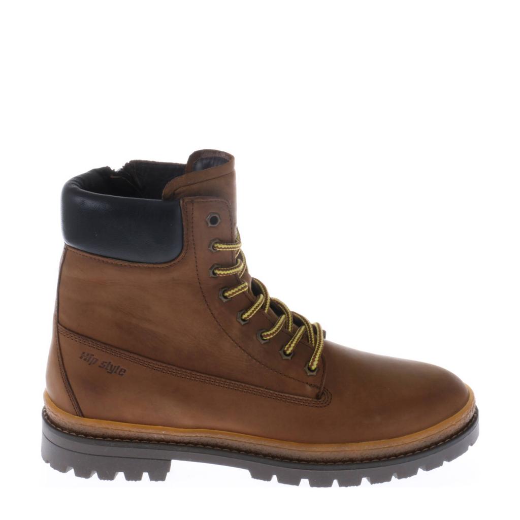 Cognackleurige jongens Hip leren veterboots met rits- en vetersluiting