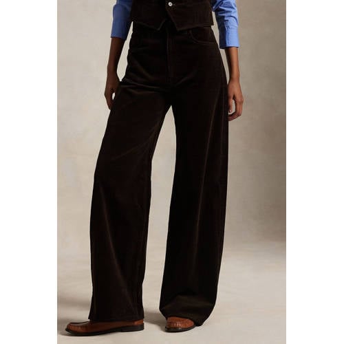 Polo Ralph Lauren corduroy wide leg high waist casual broek donkerbruin afbeelding