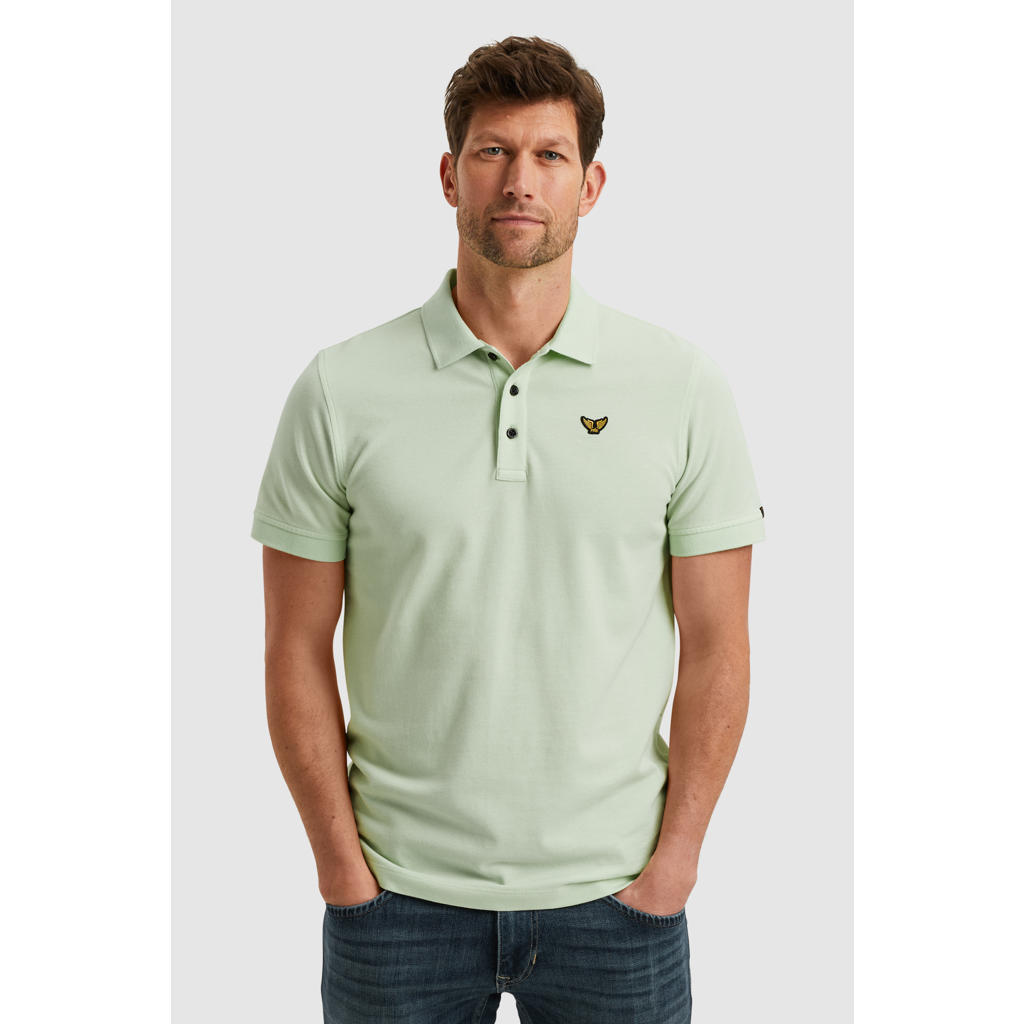 Mintgroene heren PME Legend regular polo van katoen met effen, korte mouwen en klassieke kraag