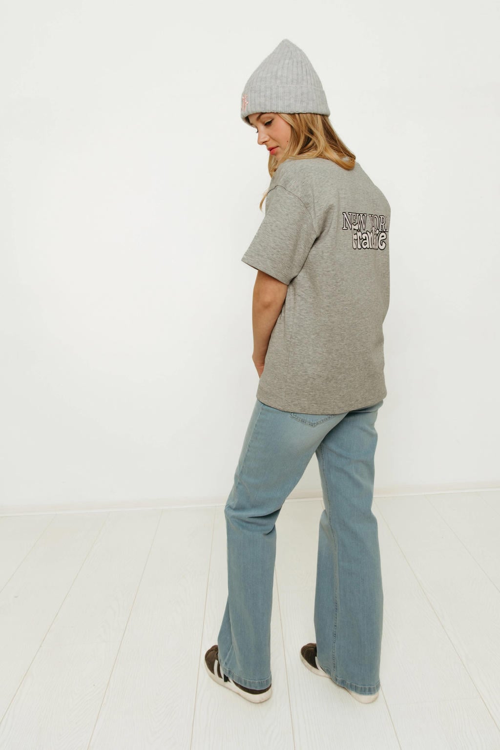 Light blue denim meisjes Frankie&Liberty high waist straight leg jeans van stretchkatoen met rits- en knoopsluiting en effen