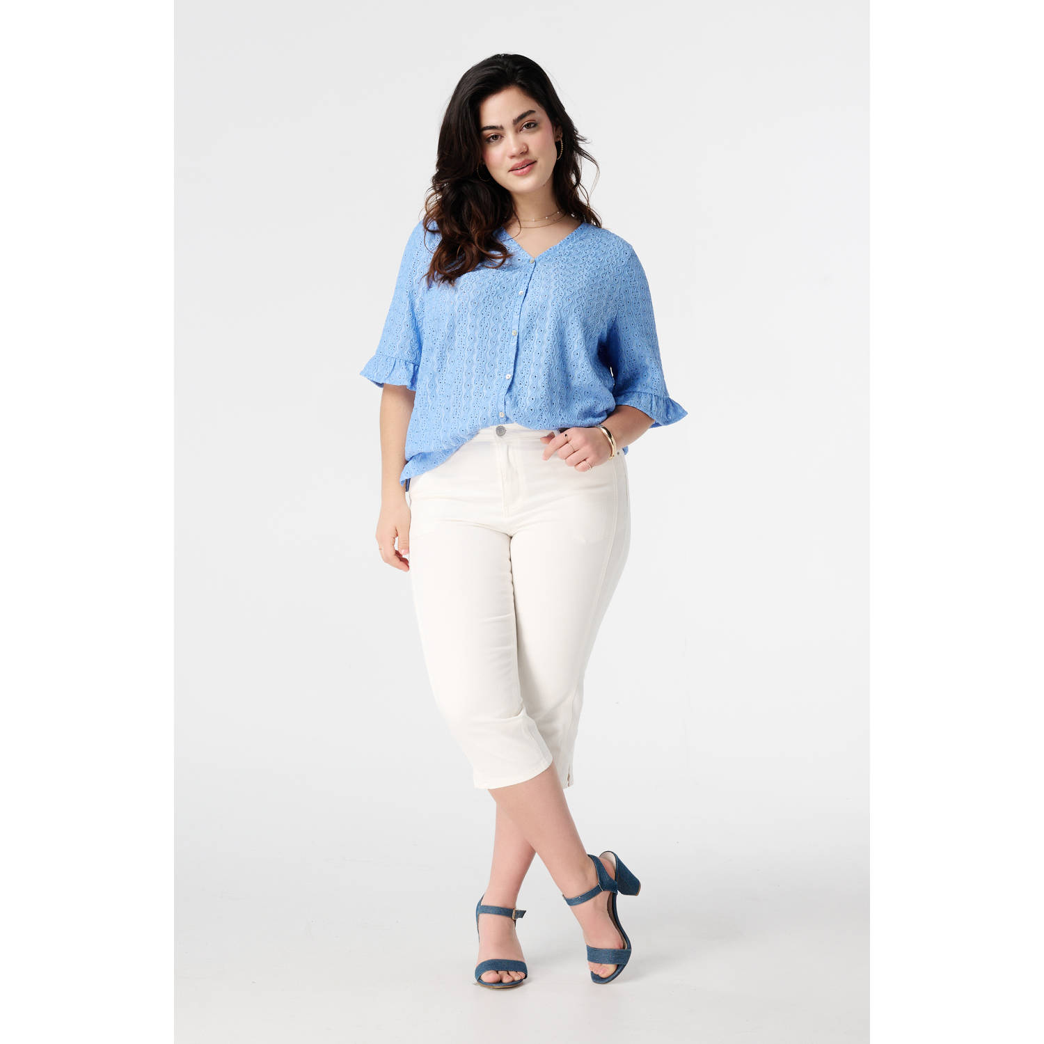 MS Mode blouse blauw broderie