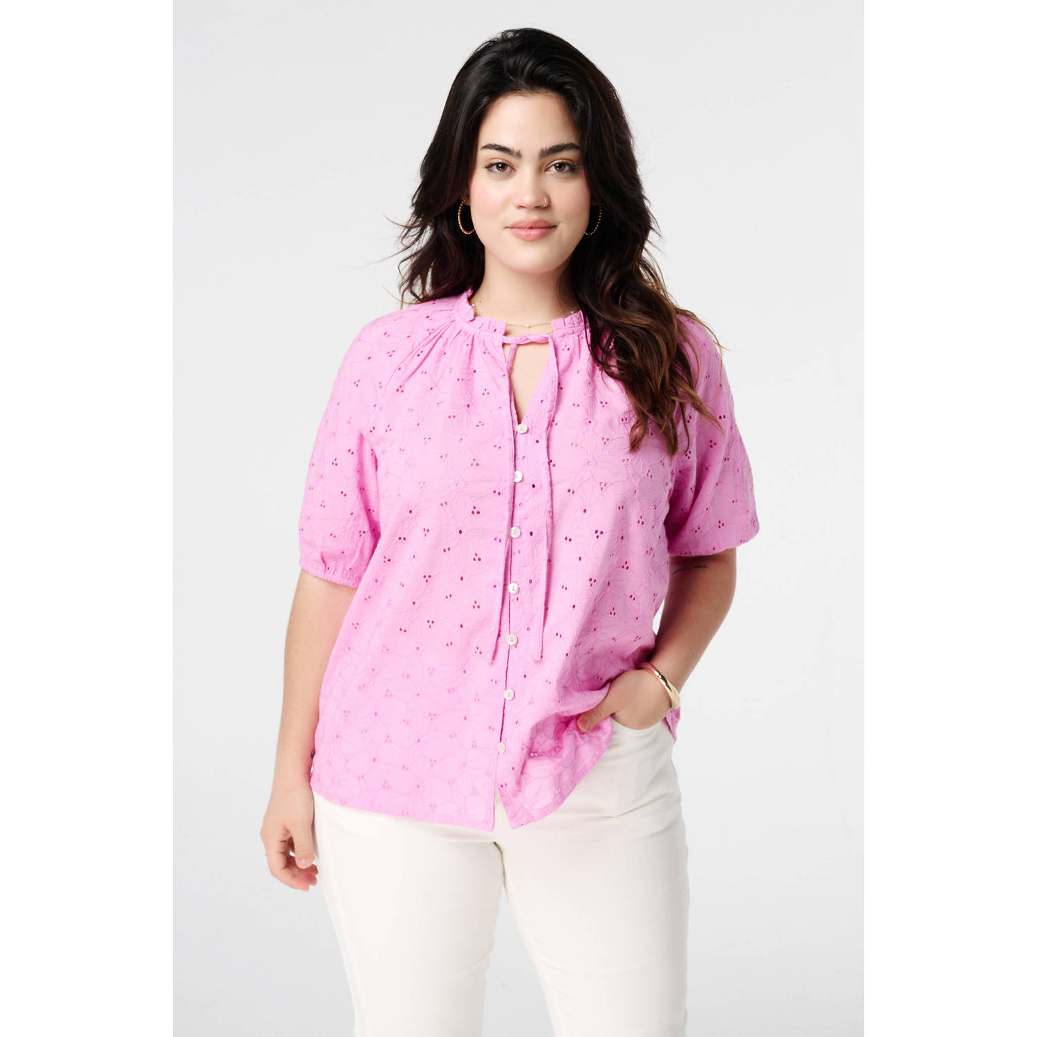 MS Mode blouse roze broderie