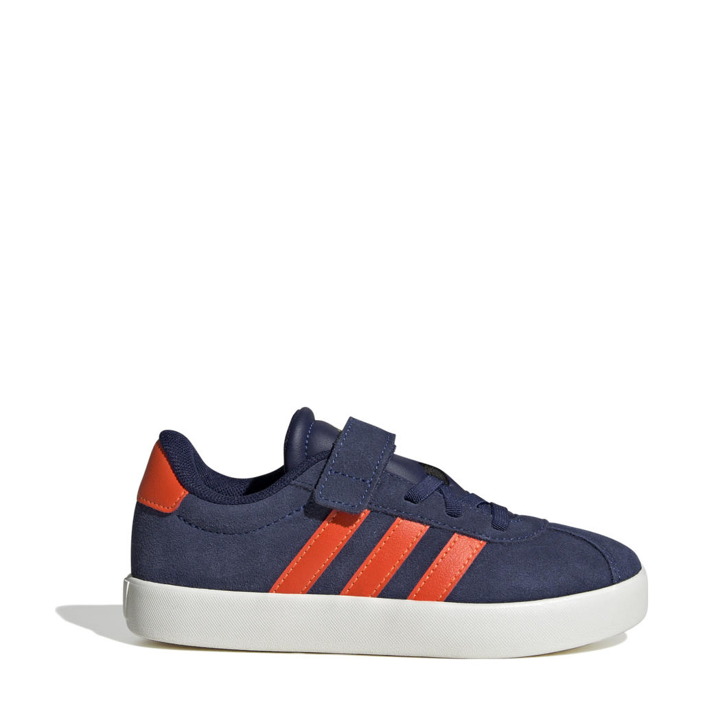 Donkerblauw en oranje jongens en meisjes adidas Sportswear VL Court sneakers van suède met veter- met klittenbandsluiting