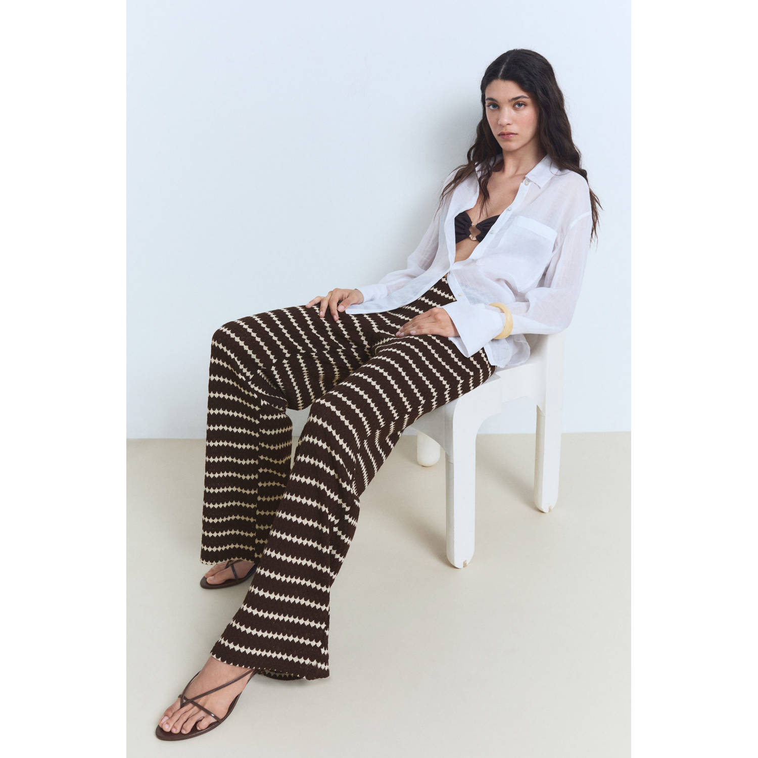 Mango wide leg high waist casual broek donkerbruin gebreid