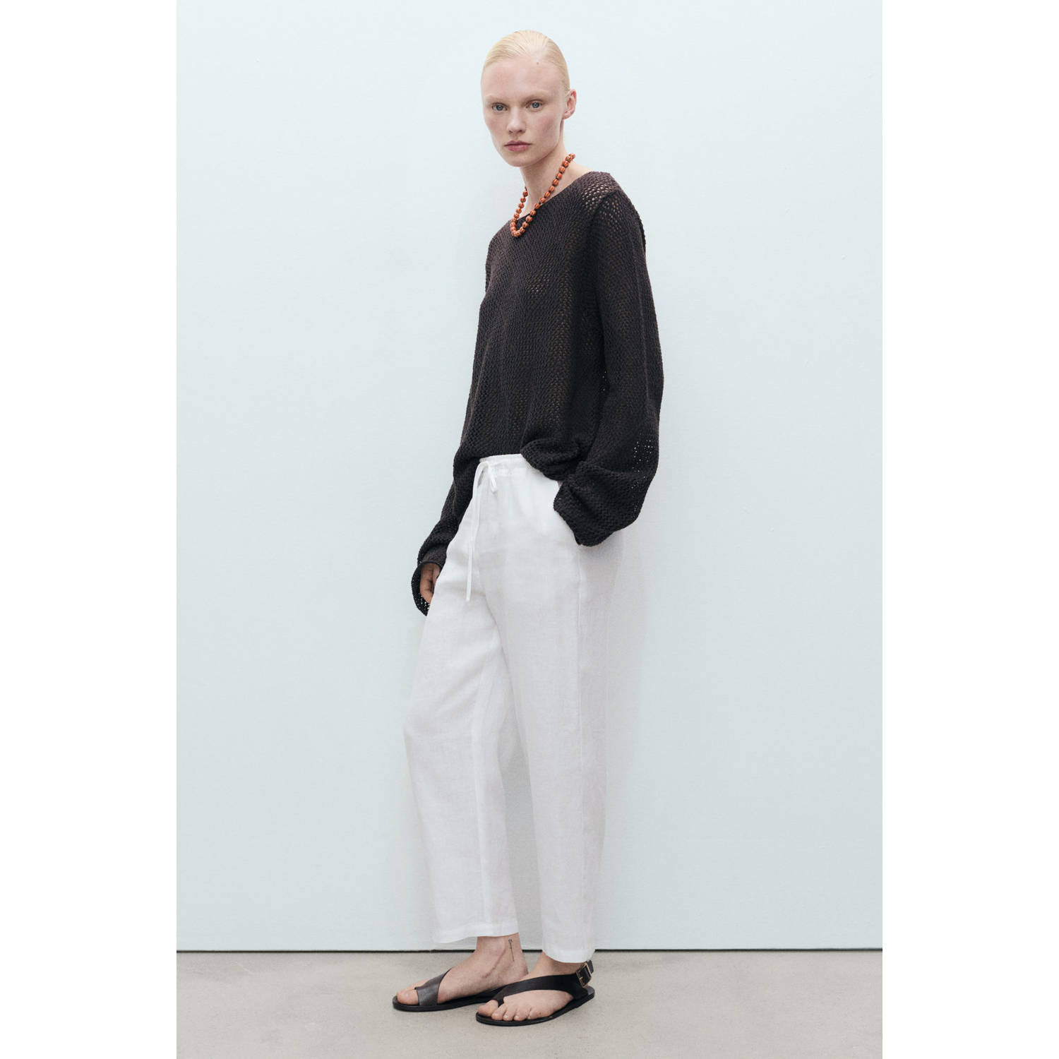 Mango linnen straight regular waist broek wit