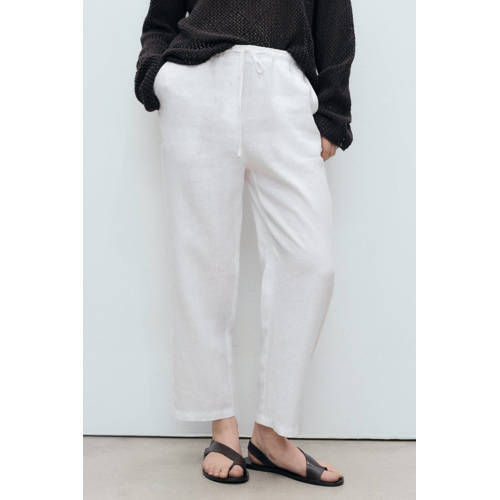 Mango linnen straight regular waist broek wit afbeelding