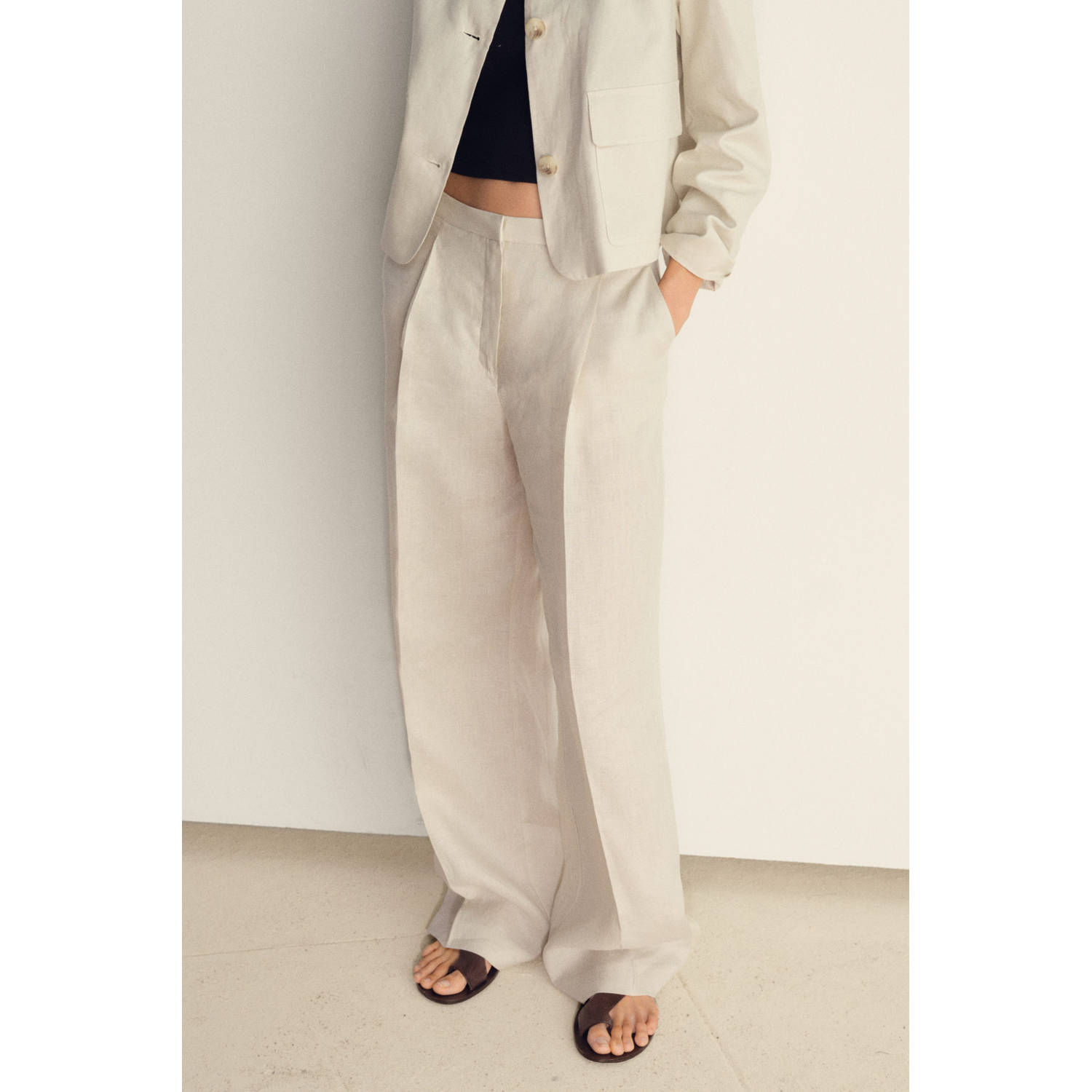 Mango linnen wide leg regular waist pantalon ecru