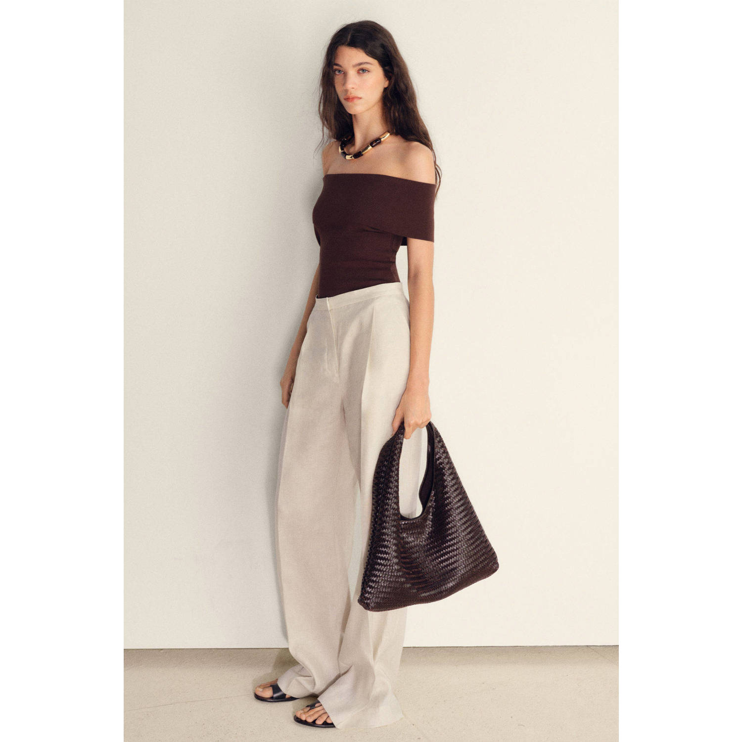 Mango linnen wide leg regular waist pantalon ecru
