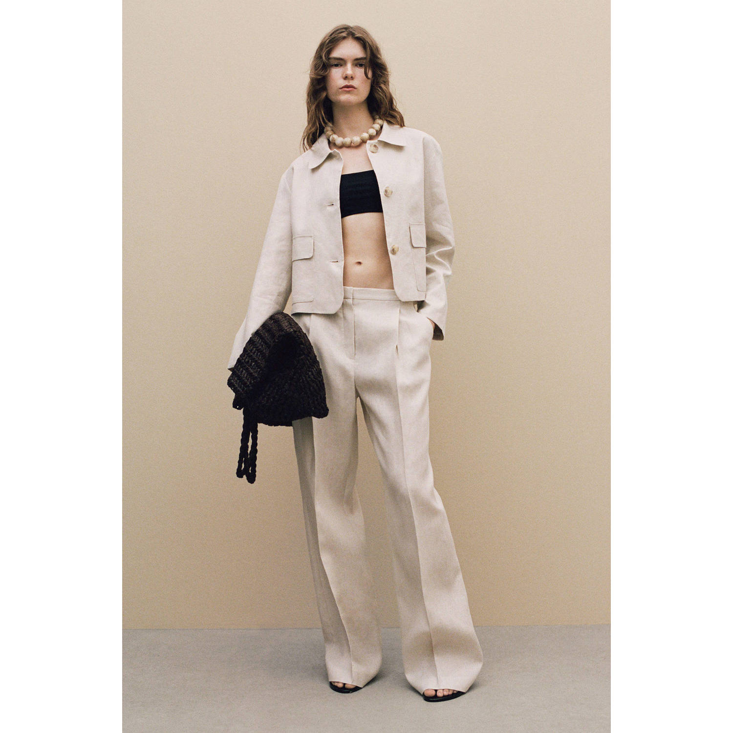 Mango linnen wide leg regular waist pantalon ecru