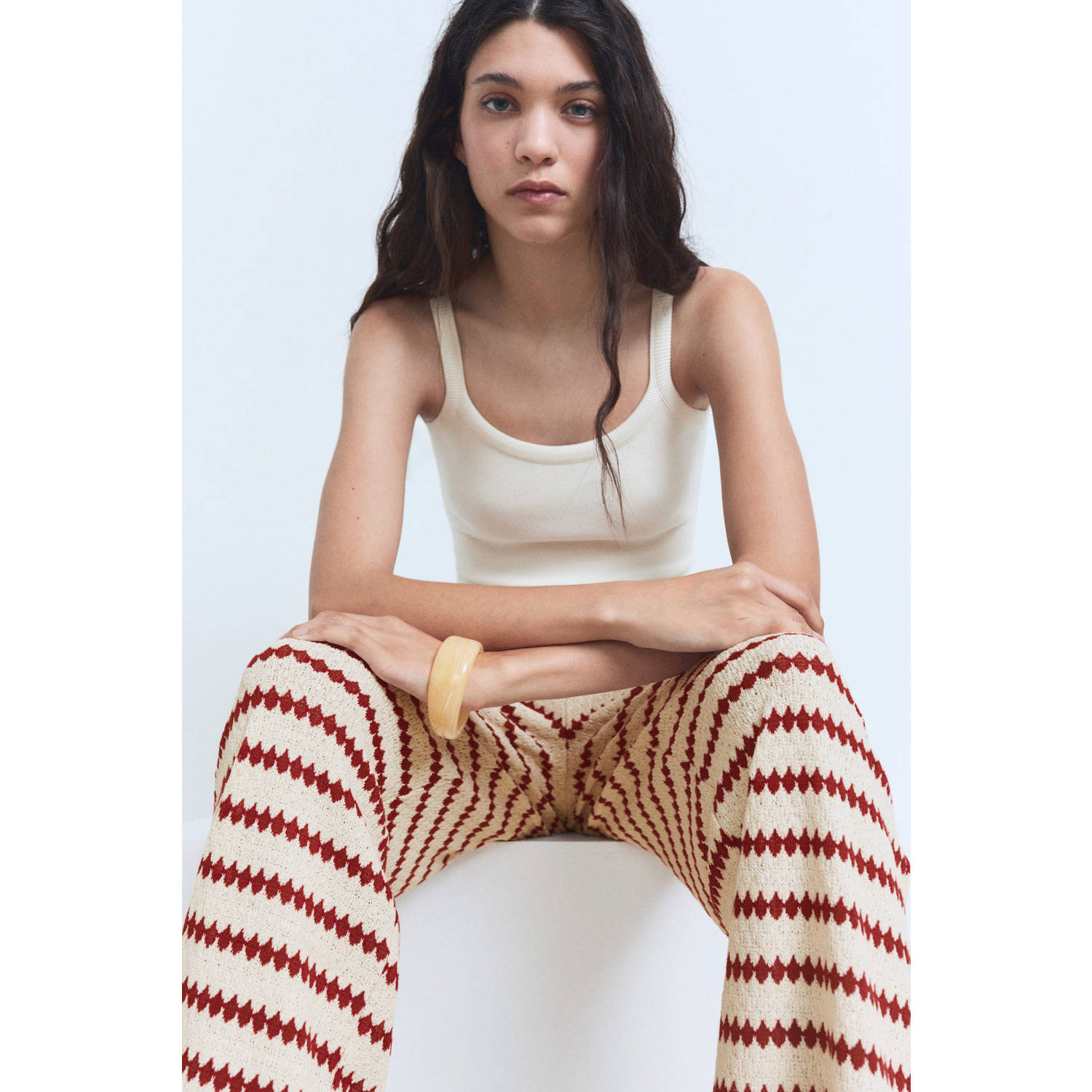 Mango wide leg high waist casual broek rood gebreid