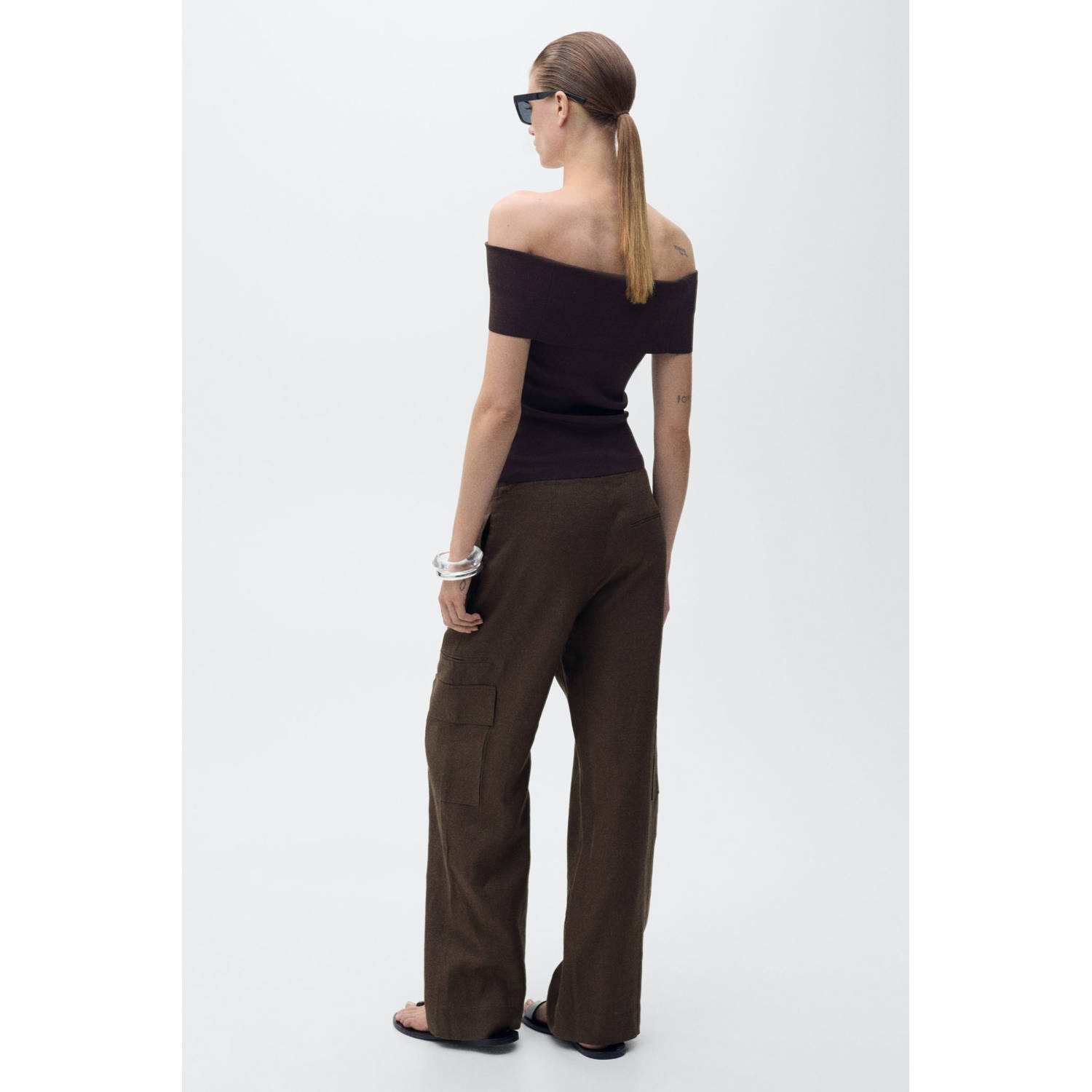 Mango linnen wide leg regular waist cargo broek donkerbruin