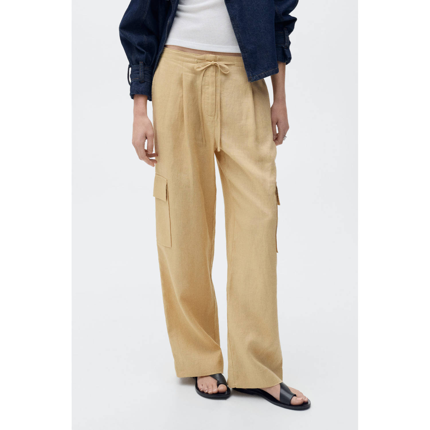 Mango linnen wide leg cargo broek beige