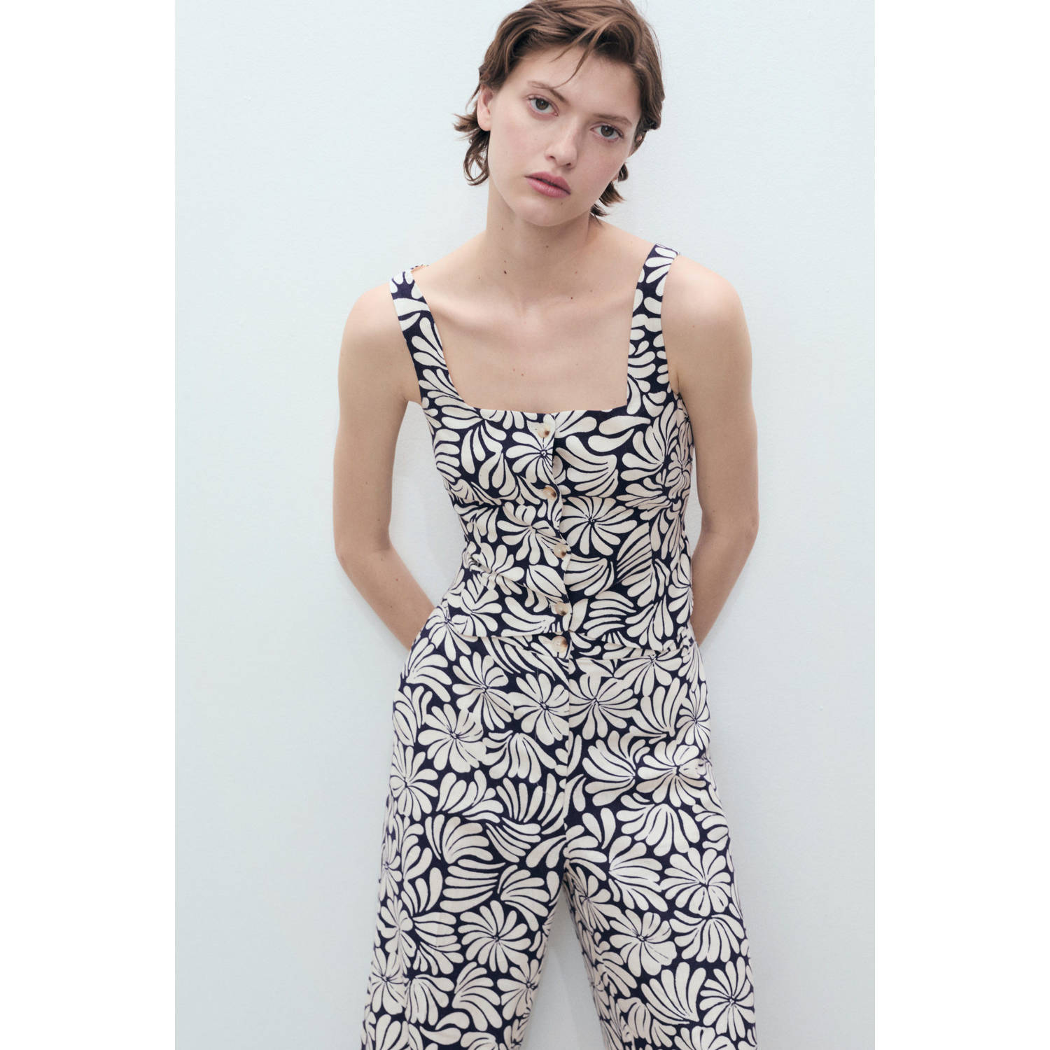 Mango linnen wide leg regular waist broek ecru