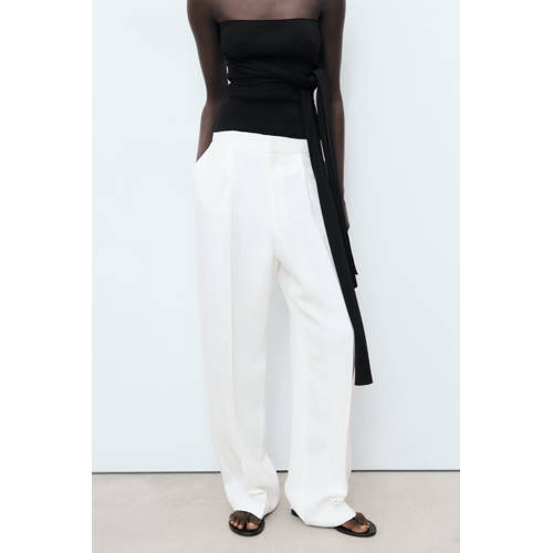 Mango linnen straight regular waist broek wit afbeelding