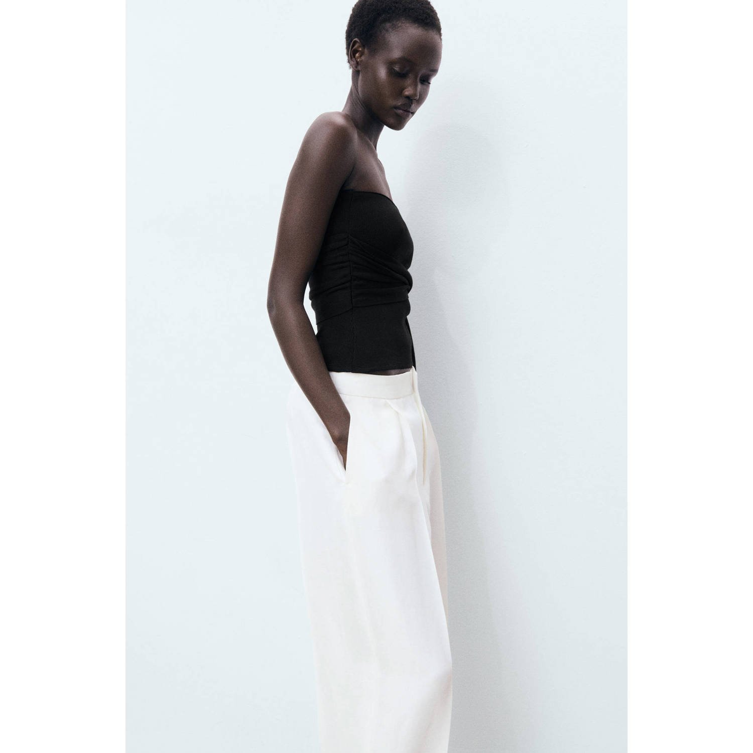 Mango linnen straight regular waist broek wit