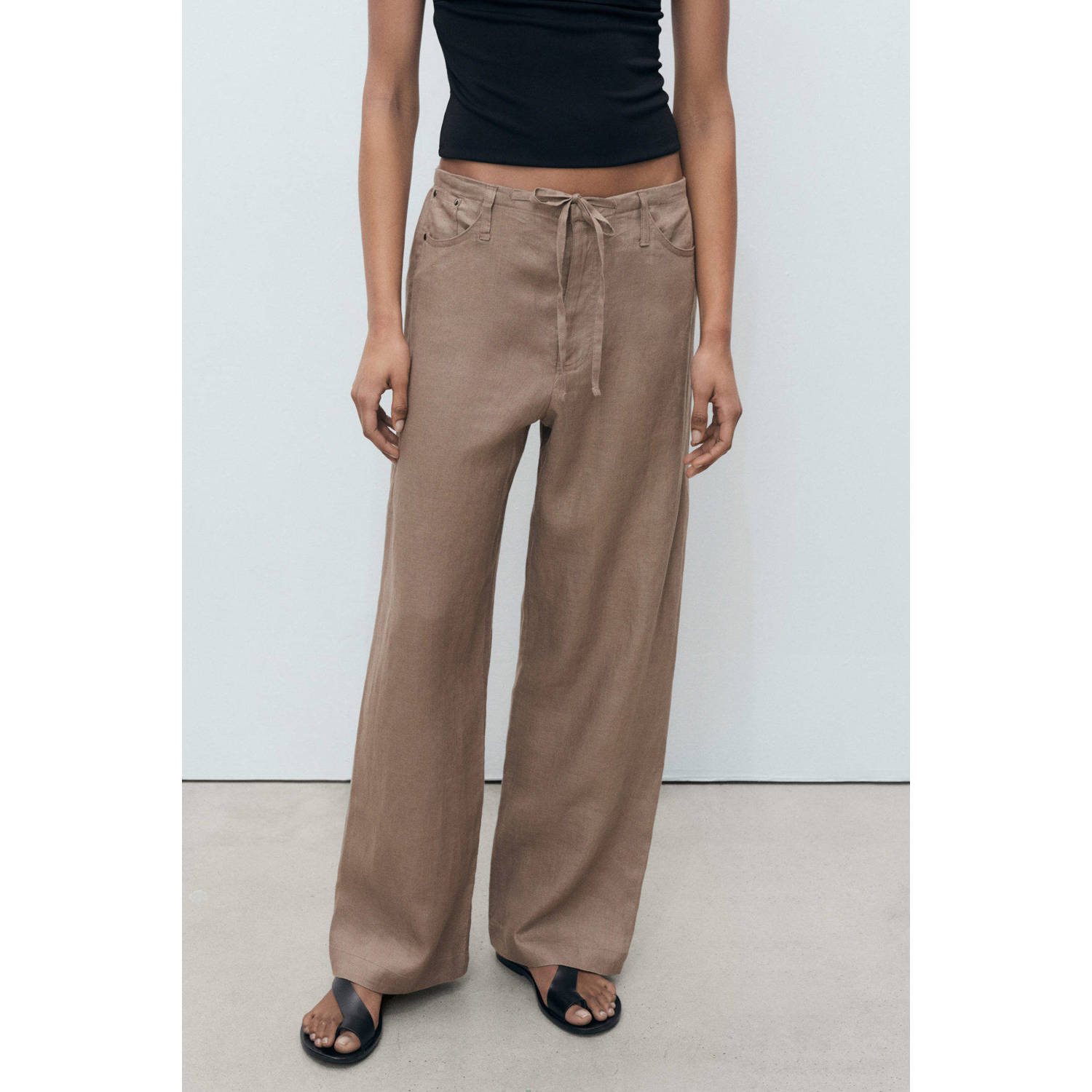 Mango linnen wide leg regular waist broek bruin