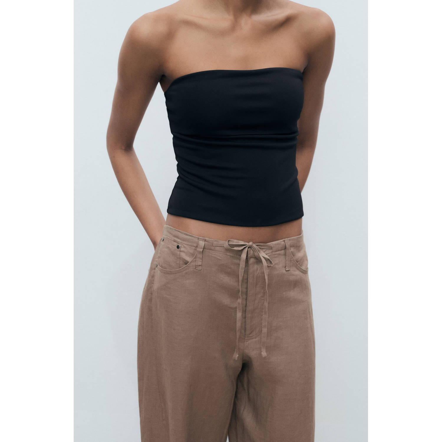 Mango linnen wide leg regular waist broek bruin