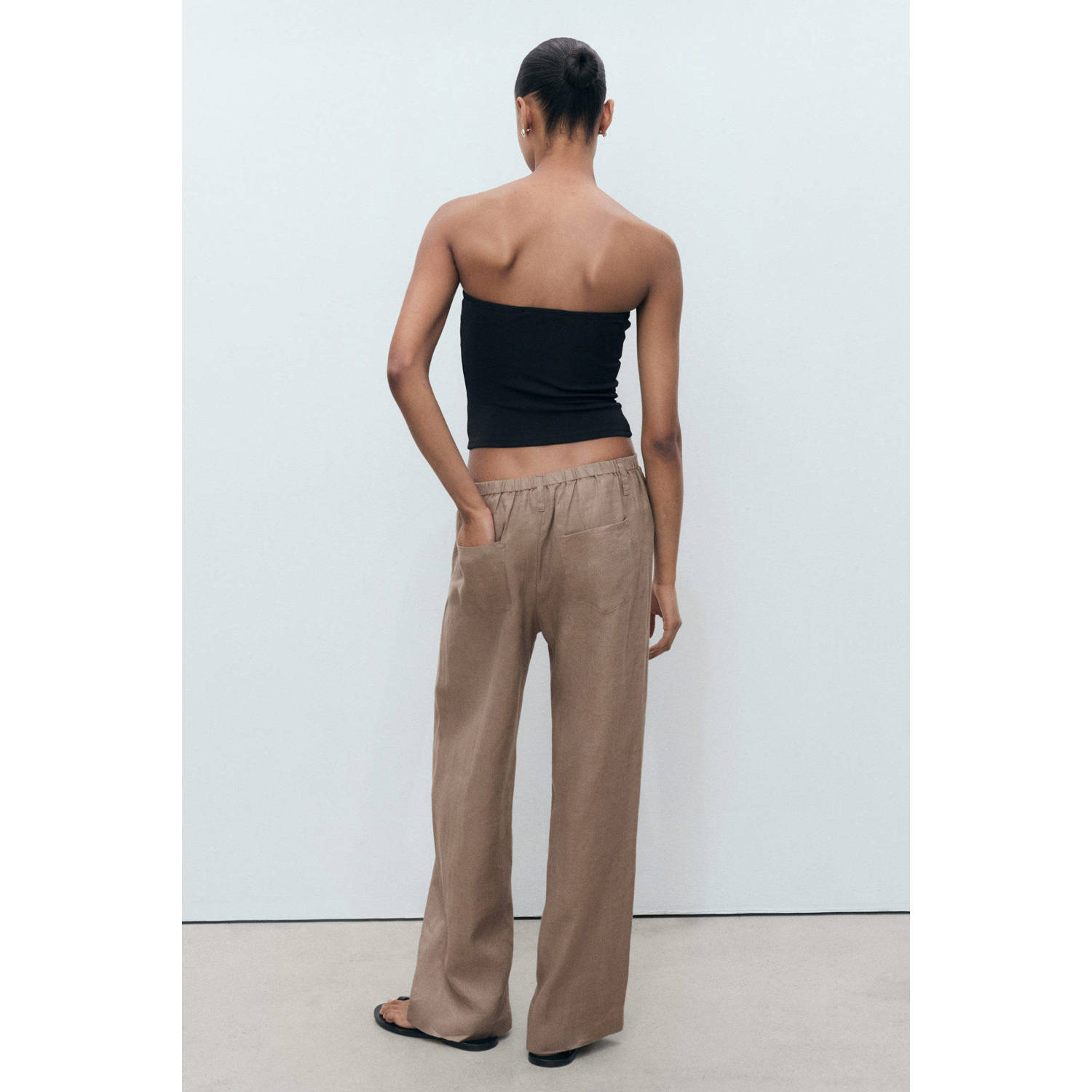 Mango linnen wide leg regular waist broek bruin
