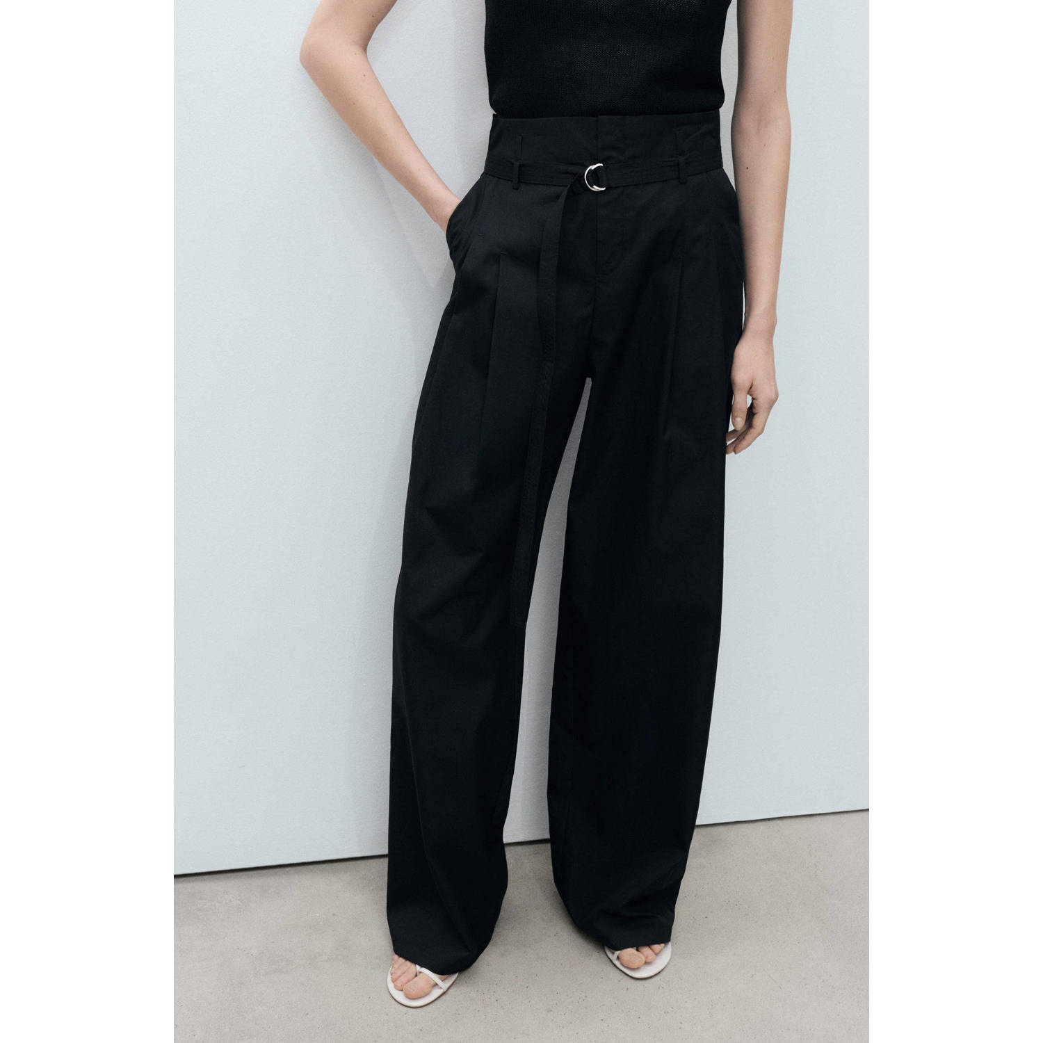 Mango wide leg high waist broek zwart