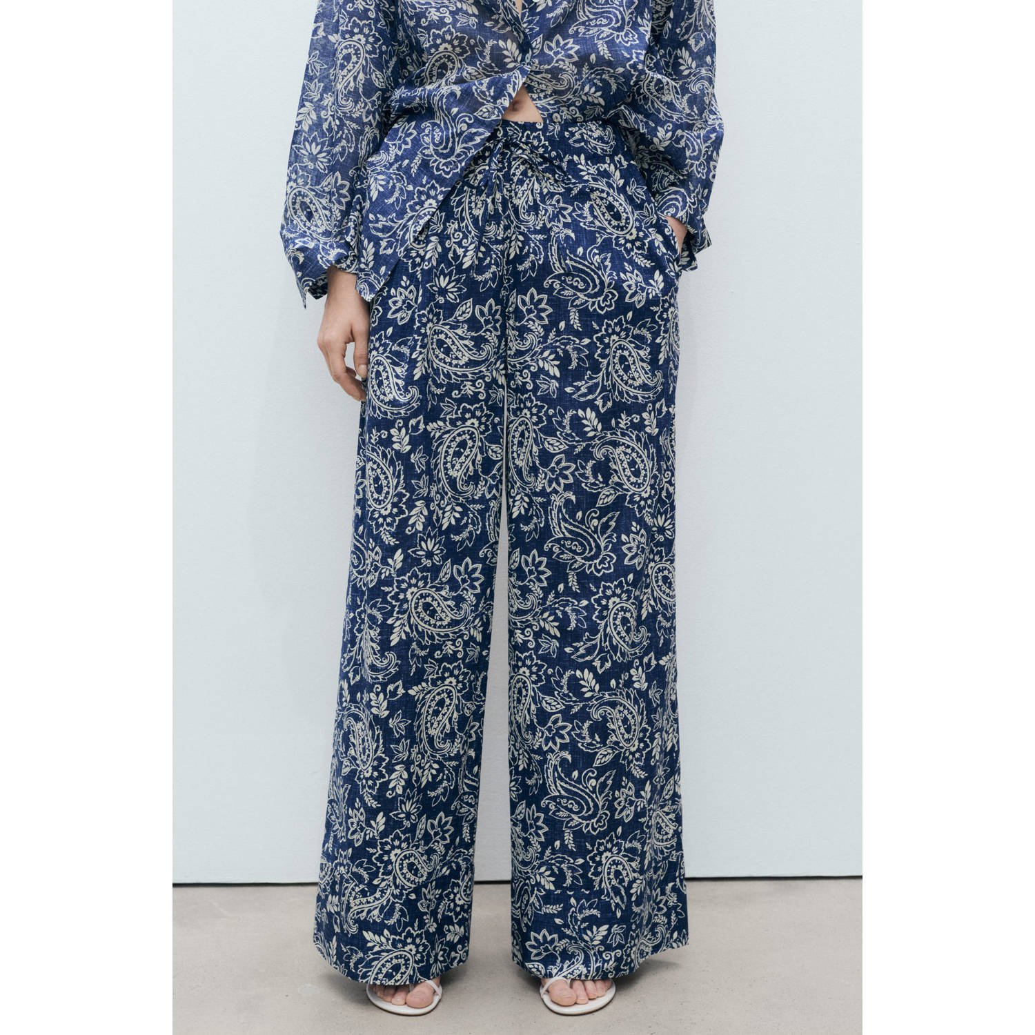 Mango wide leg high waist broek donkerblauw