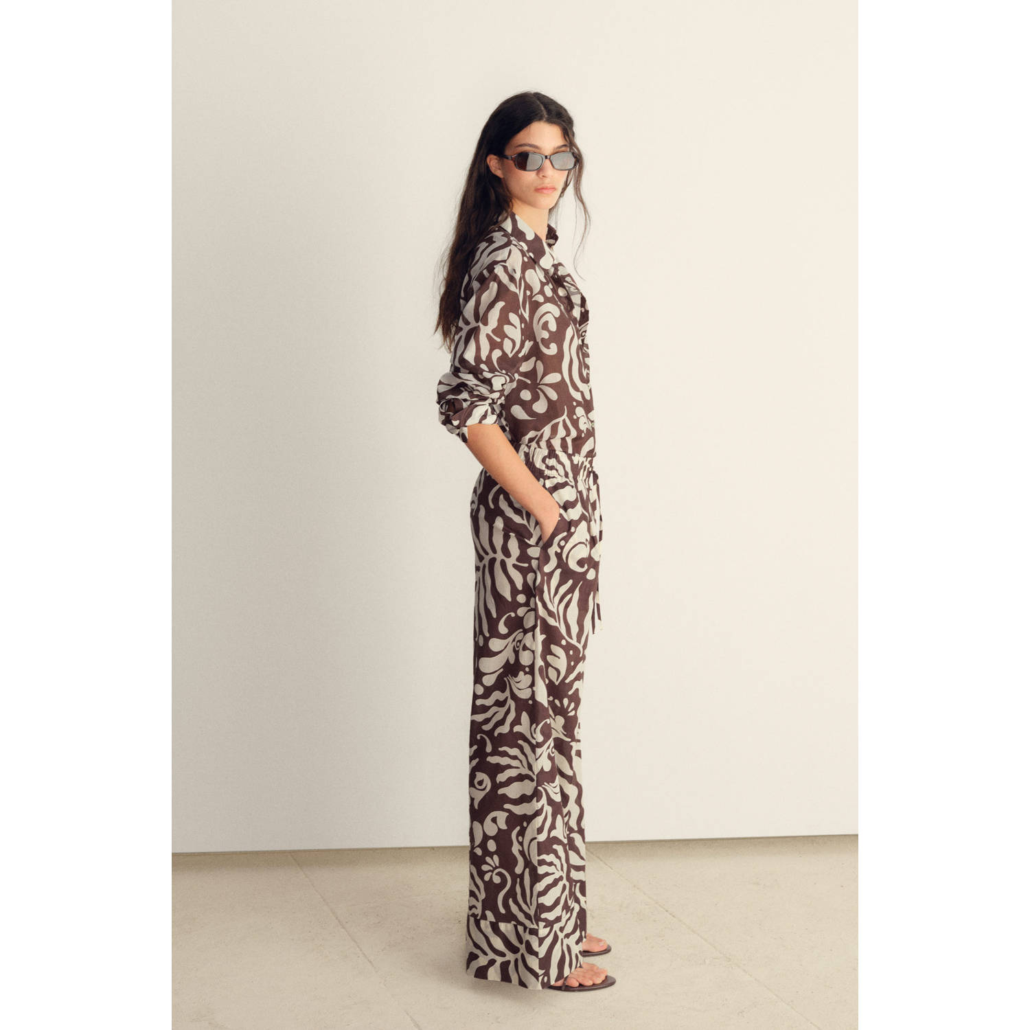 Mango wide leg high waist broek bruin