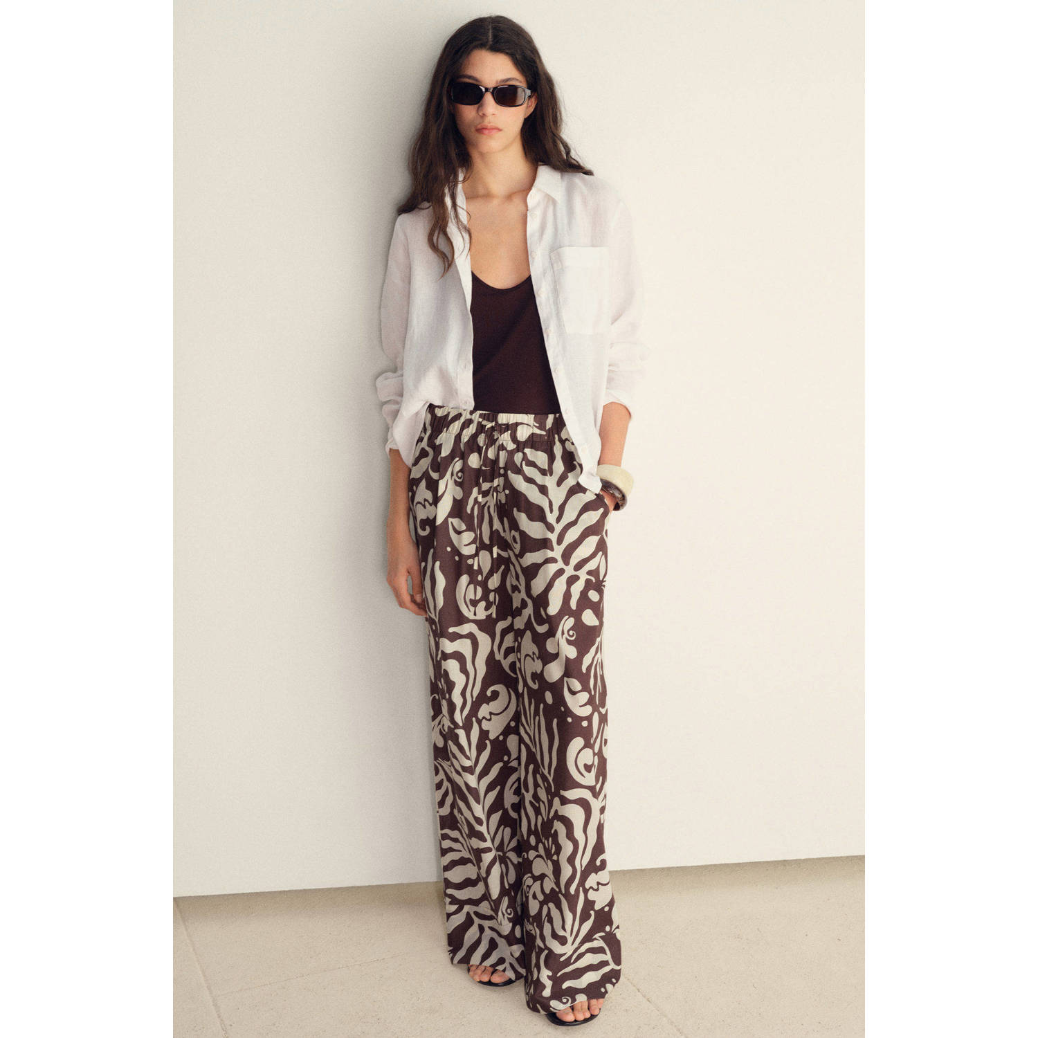 Mango wide leg high waist broek bruin