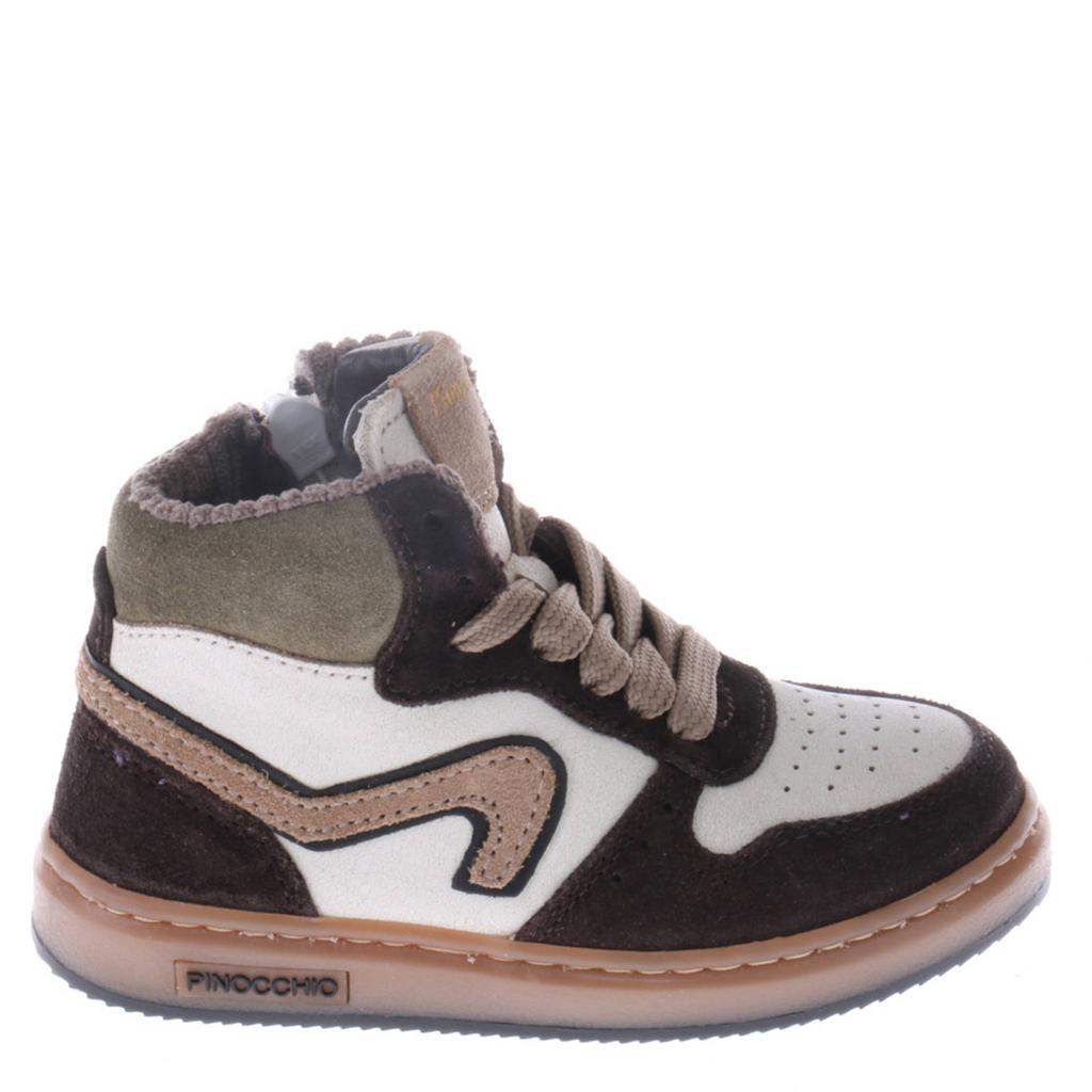 Donkerbruin en witte jongens Pinocchio leren sneakers met rits- en vetersluiting