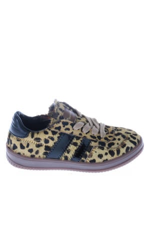 leren sneakers met ponyhair en panterprint beige/zwart