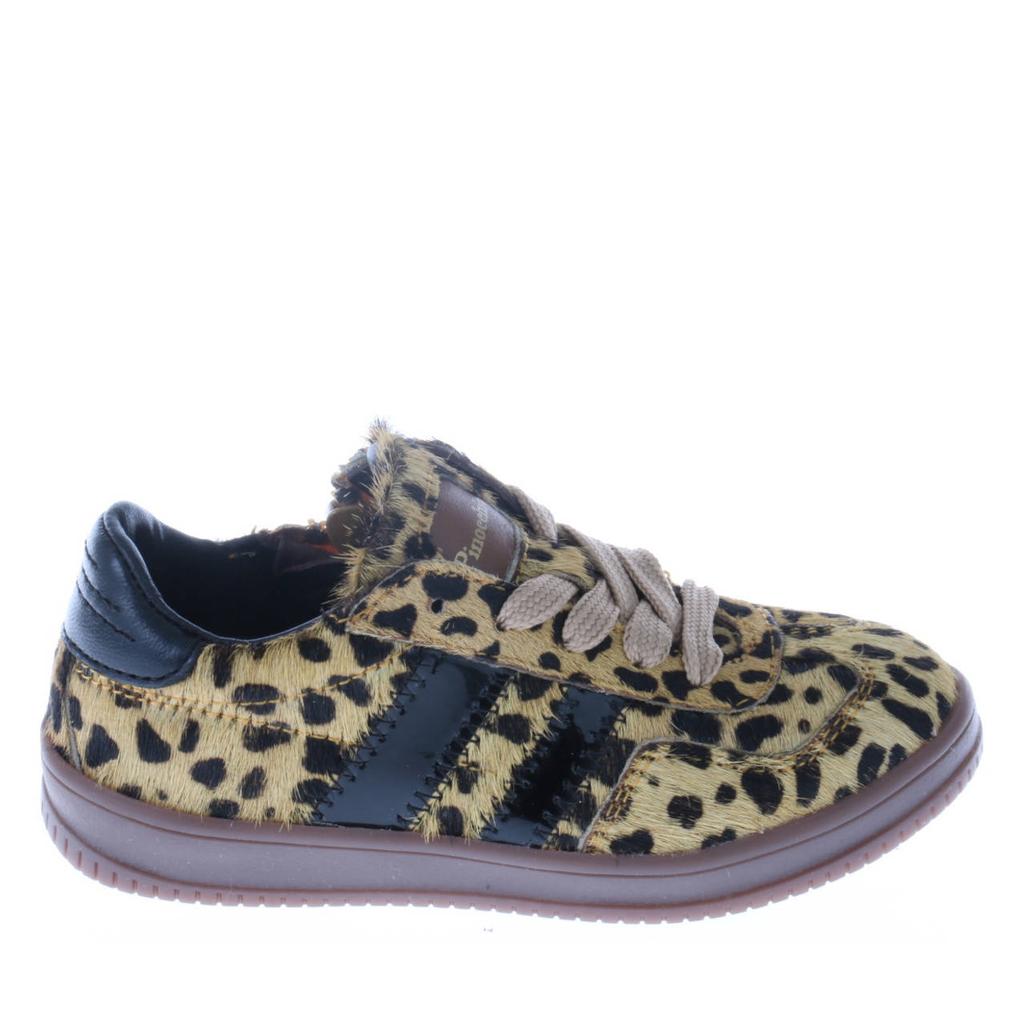 Beige en zwarte meisjes Pinocchio leren sneakers met ponyhair en met panterprint
