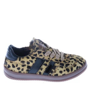 leren sneakers met ponyhair en panterprint beige/zwart