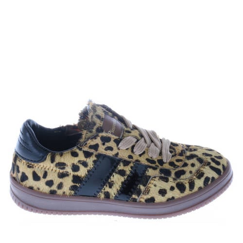 Pinocchio leren sneakers met ponyhair en panterprint beige/zwart afbeelding