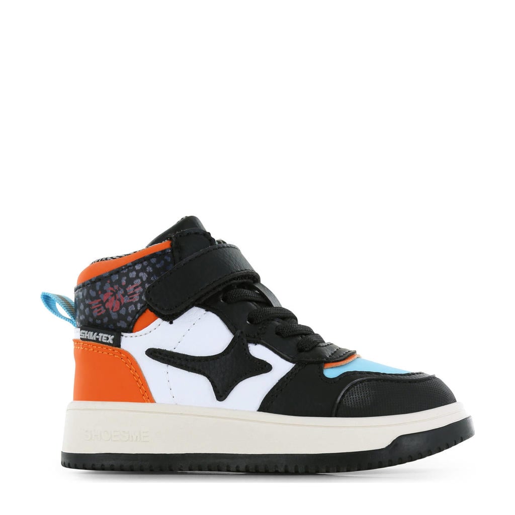 Zwart en oranje jongens Shoesme waterproof leren sneakers met elastische veter- met klittenbandsluiting