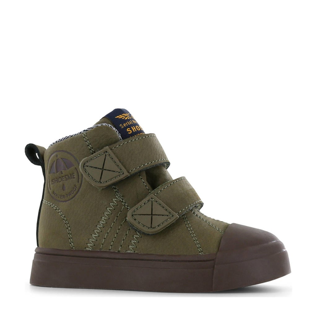 Donkergroene jongens Shoesme waterproof leren sneakers met klittenband