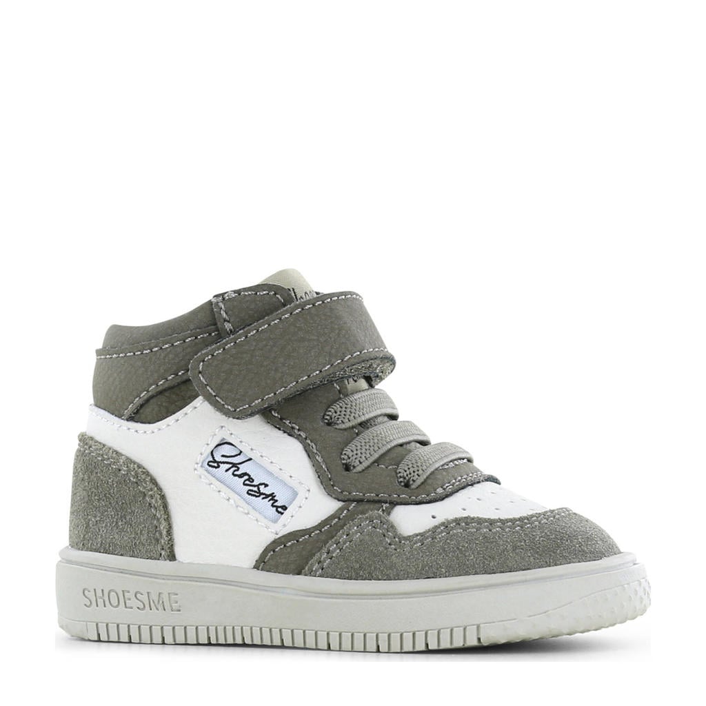 Grijs en witte jongens Shoesme leren sneakers met elastische veter- met klittenbandsluiting