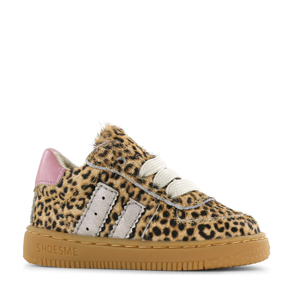 Beige en zwarte meisjes Shoesme leren sneakers met ponyhair en met panterprint