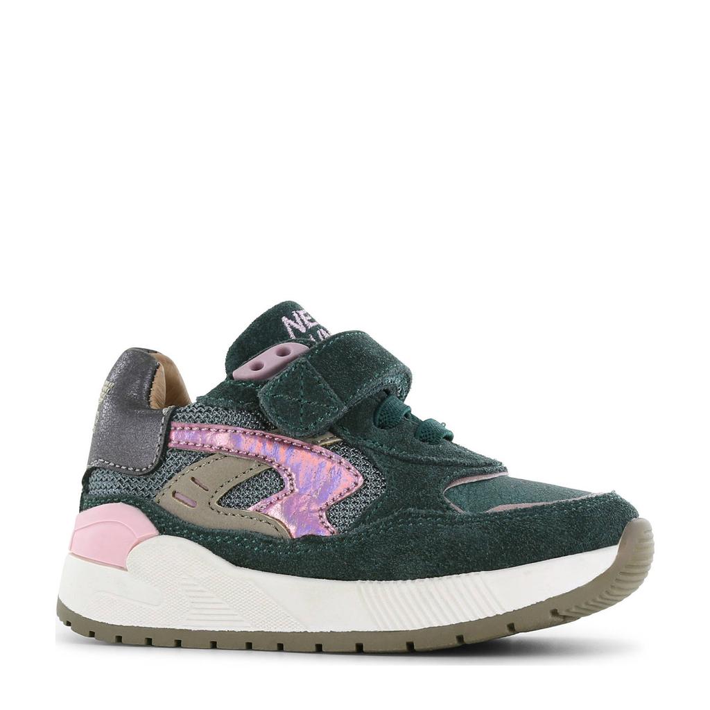 Donkergroen en roze meisjes Shoesme leren sneakers met elastische veter- met klittenbandsluiting