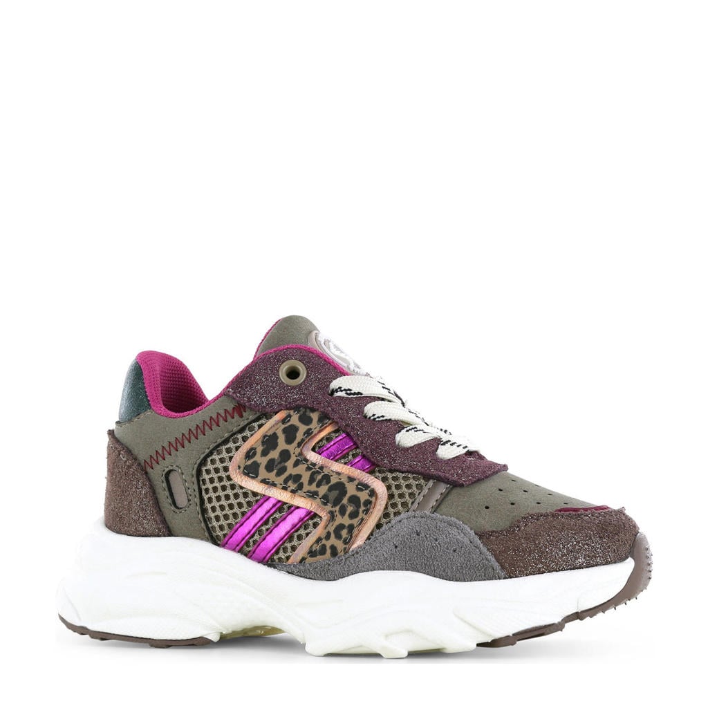 Bruin en paarse meisjes Shoesme chunky leren sneakers met veters