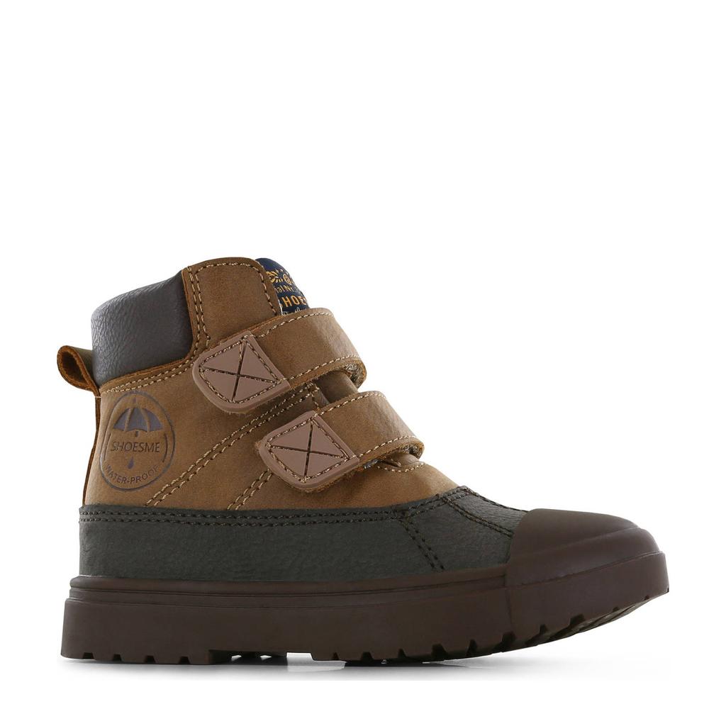 Cognackleurige jongens Shoesme waterproof leren enkelboots met klittenband