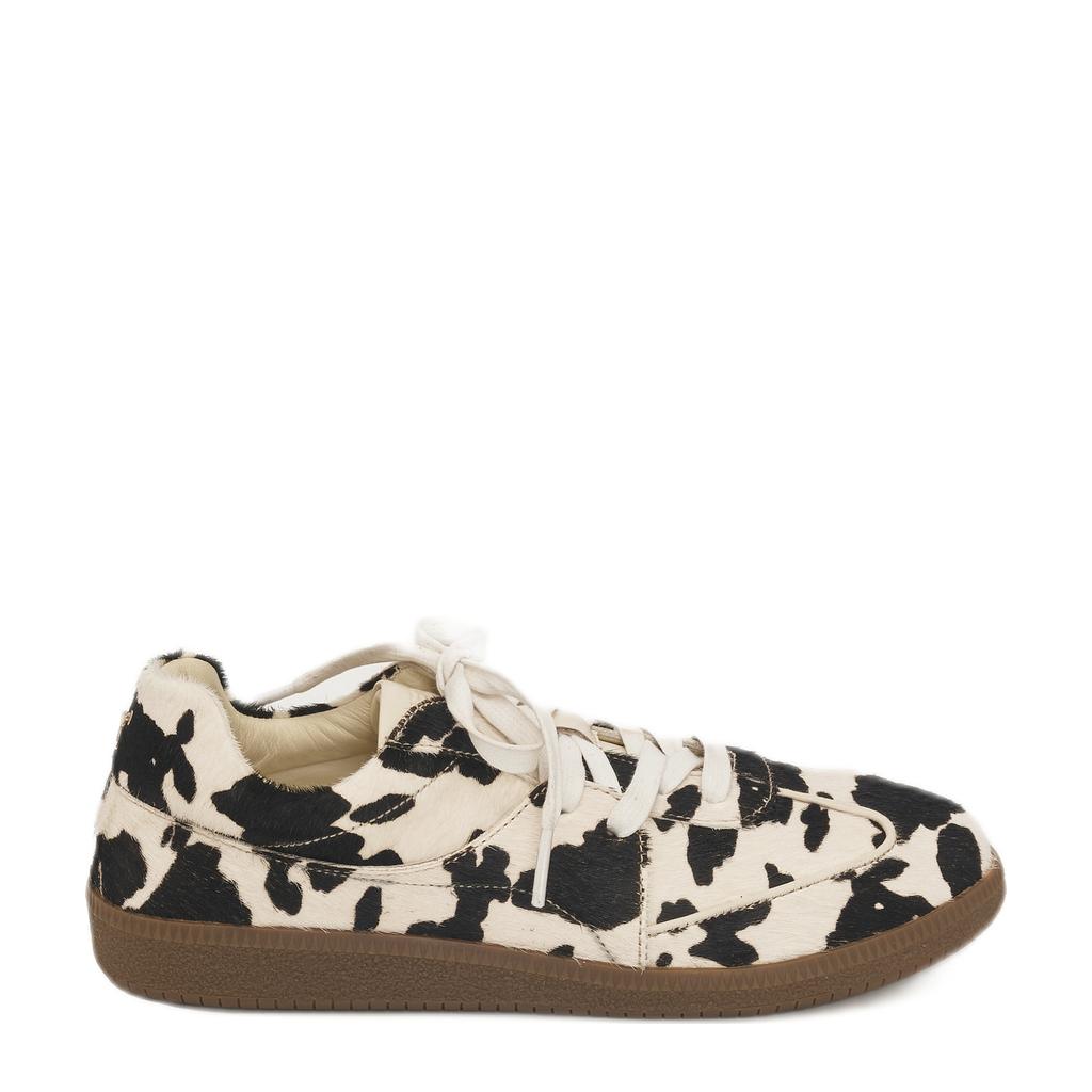 Beige en bruine dames Fabienne Chapot leren sneakers met veters en koeienprint
