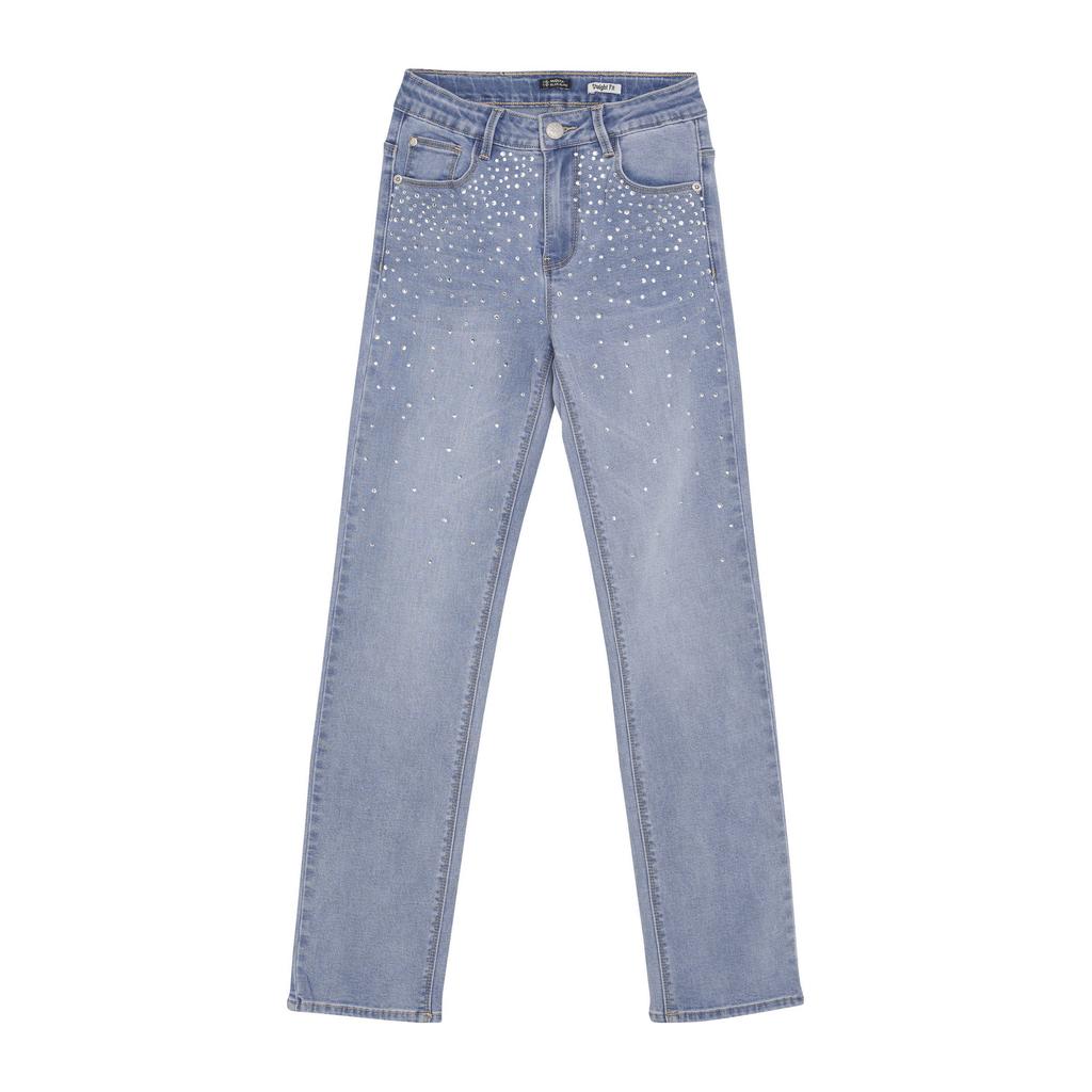 Light blue denim meisjes Indian Blue Jeans straight leg jeans van stretchdenim met rits- en knoopsluiting
