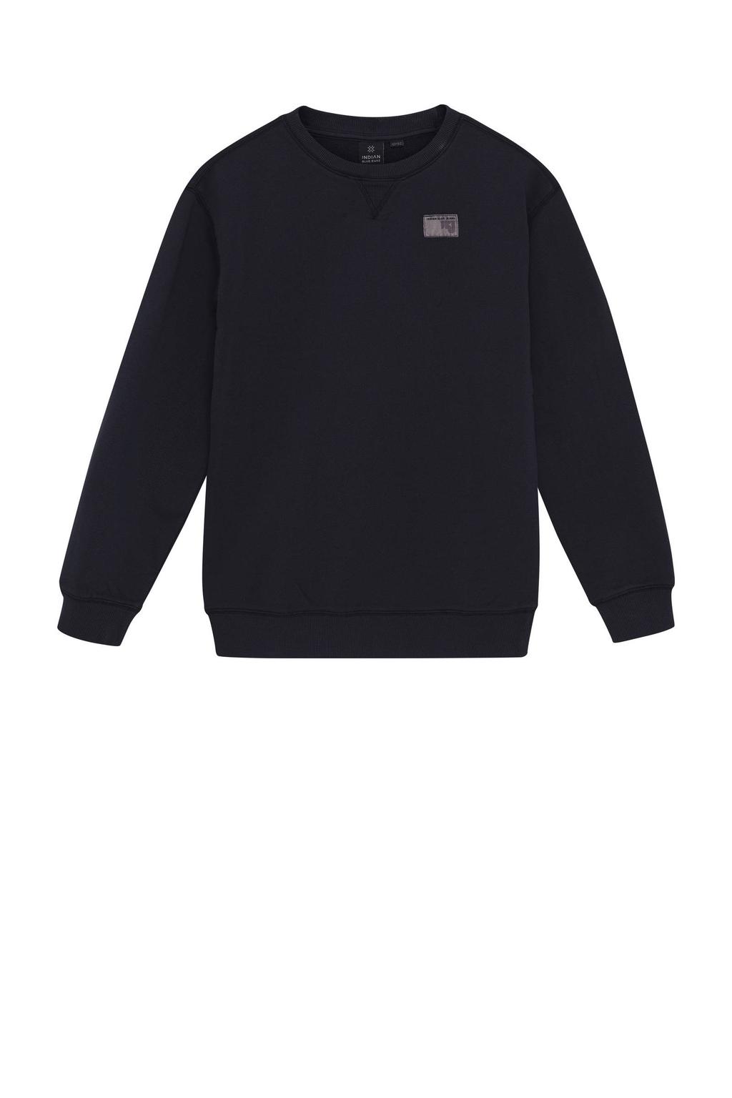 Donkerblauwe jongens Indian Blue Jeans sweater van katoen met effen, lange mouwen, ronde hals en geribde boorden