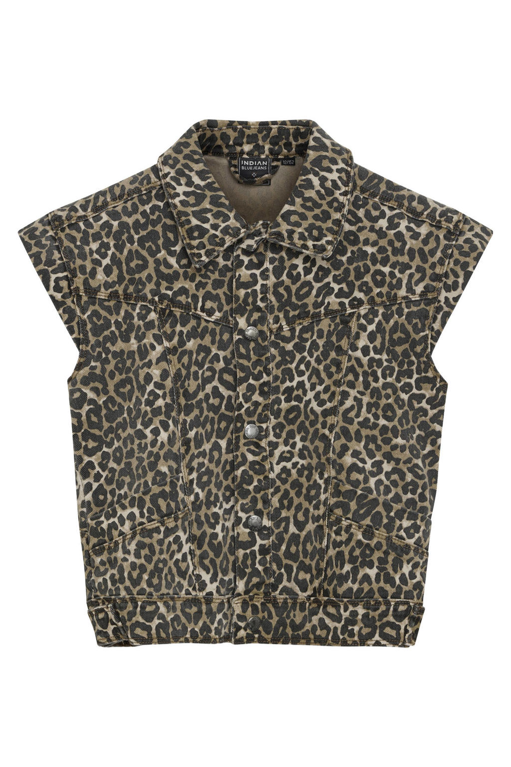 Bruine meisjes Indian Blue Jeans gilet van denim met dierenprint, klassieke kraag en drukknoopsluiting