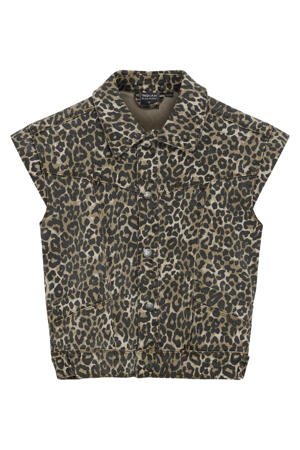denim gilet met panterprint bruin