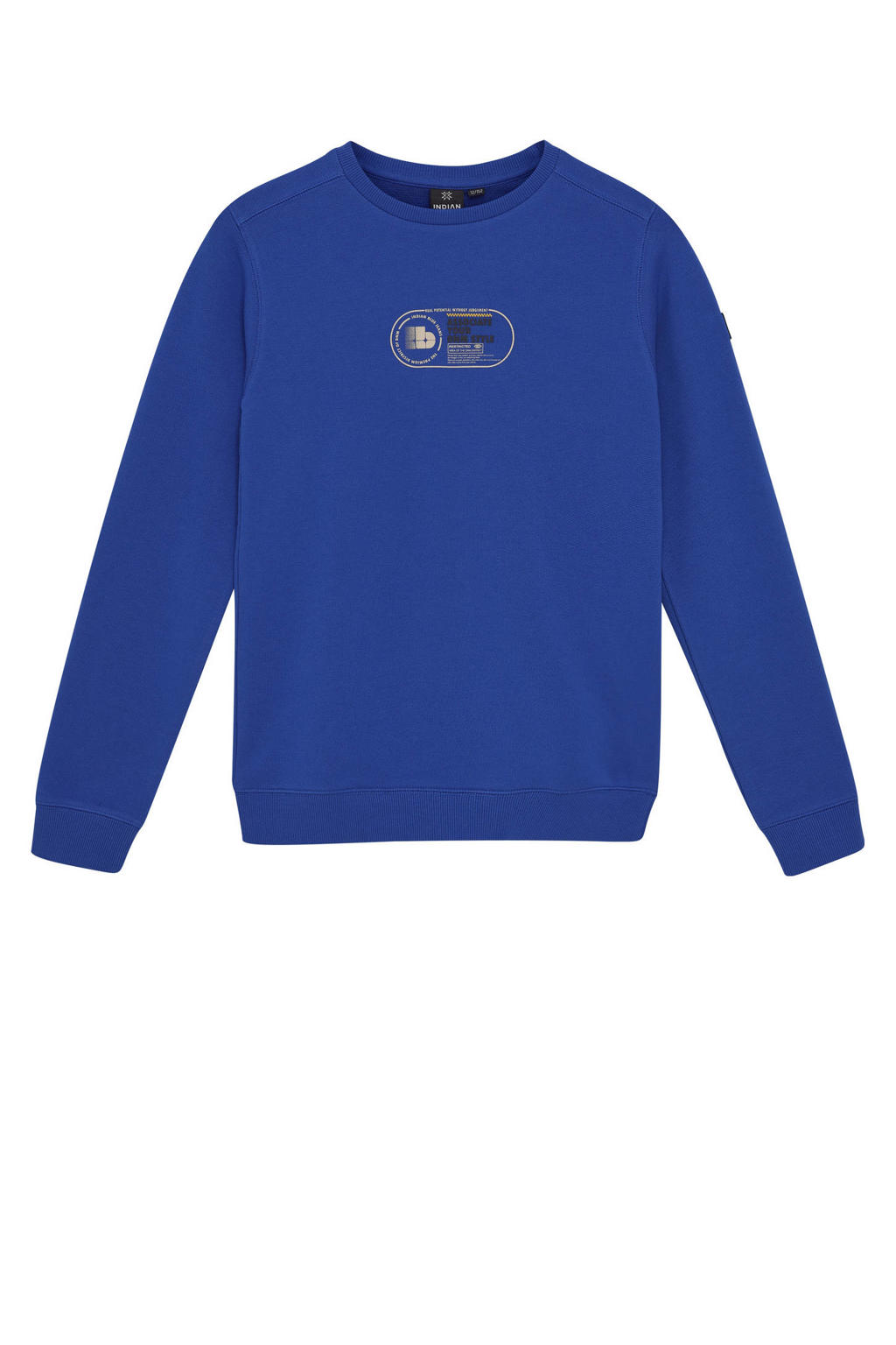 Blauwe jongens Indian Blue Jeans sweater van katoen met printopdruk, lange mouwen, ronde hals en geribde boorden