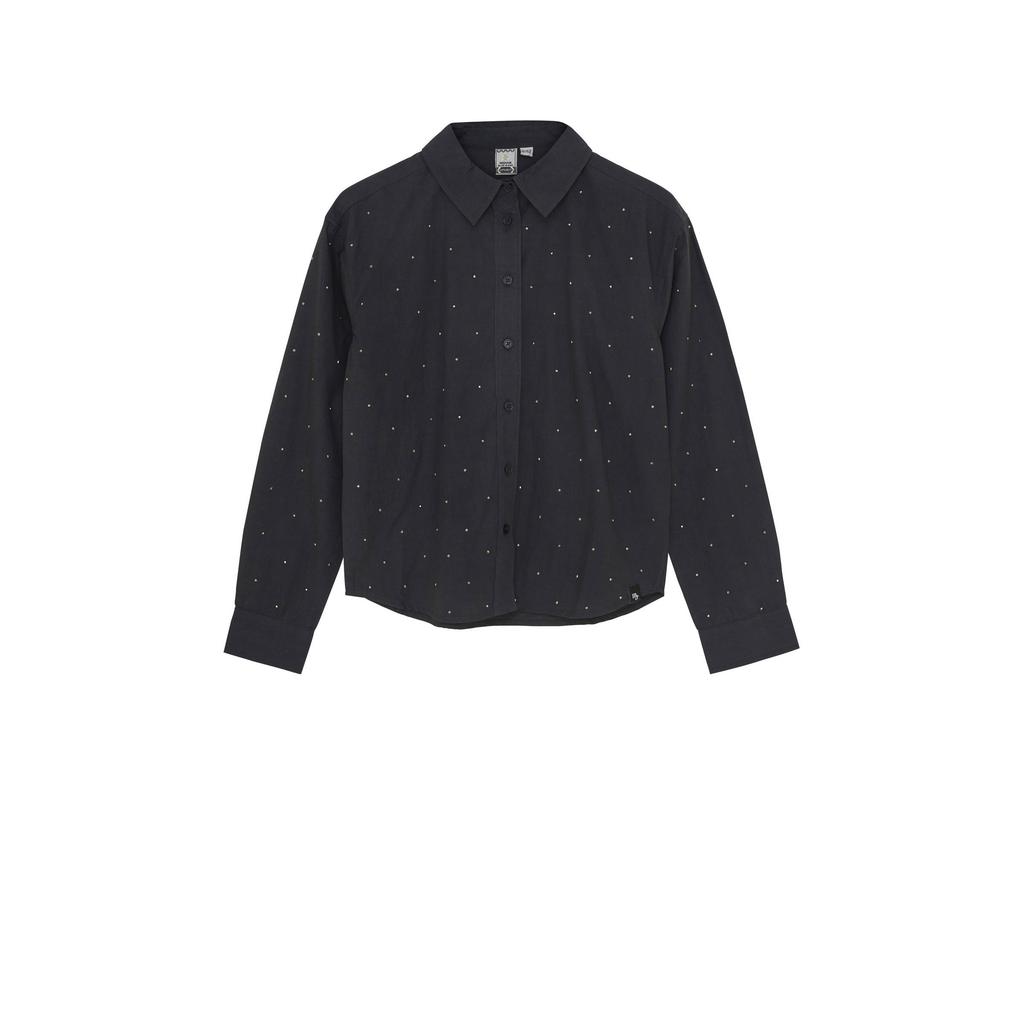 Antraciete meisjes Indian Blue Jeans blouse van katoen met lange mouwen, klassieke kraag, knoopsluiting en studs