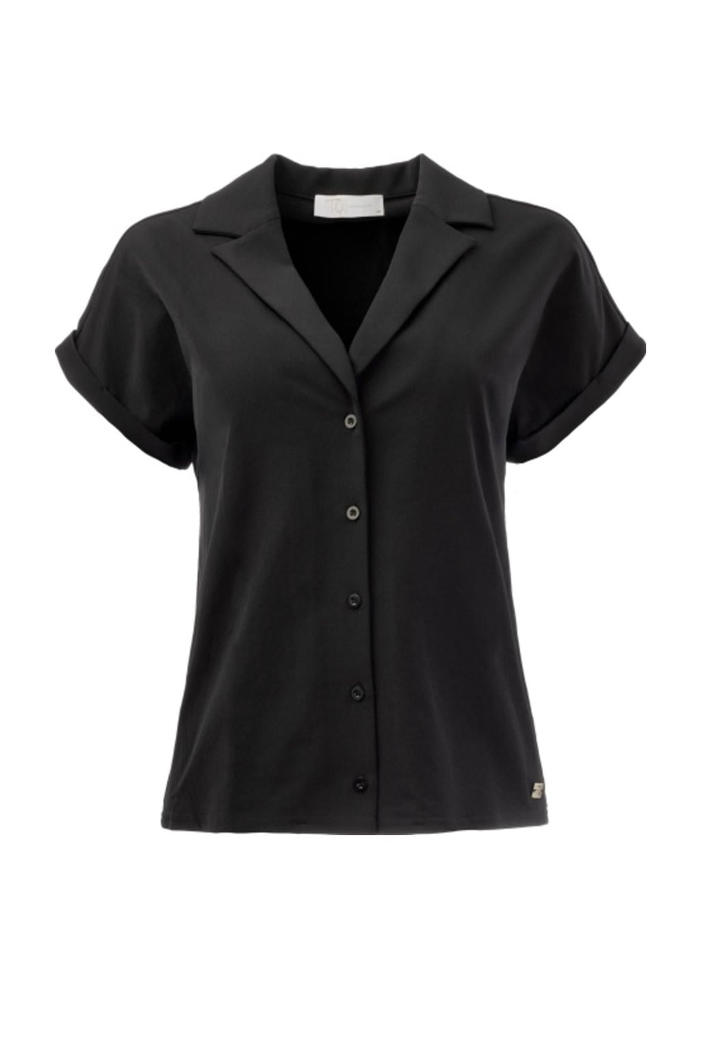 Zwarte dames TQ-Amsterdam travelstof blouse met effen, korte mouwen, klassieke kraag en knoopsluiting