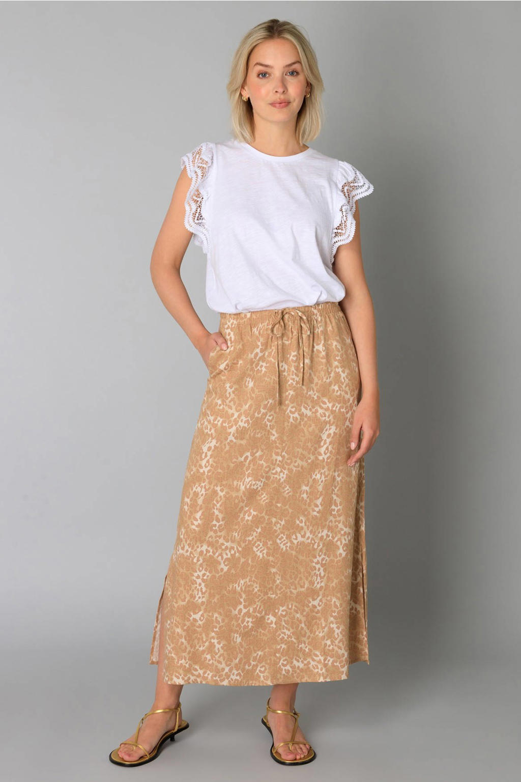 Zandkleurige dames Yest midi rok met lurex gemaakt van viscose en met elastische tailleband