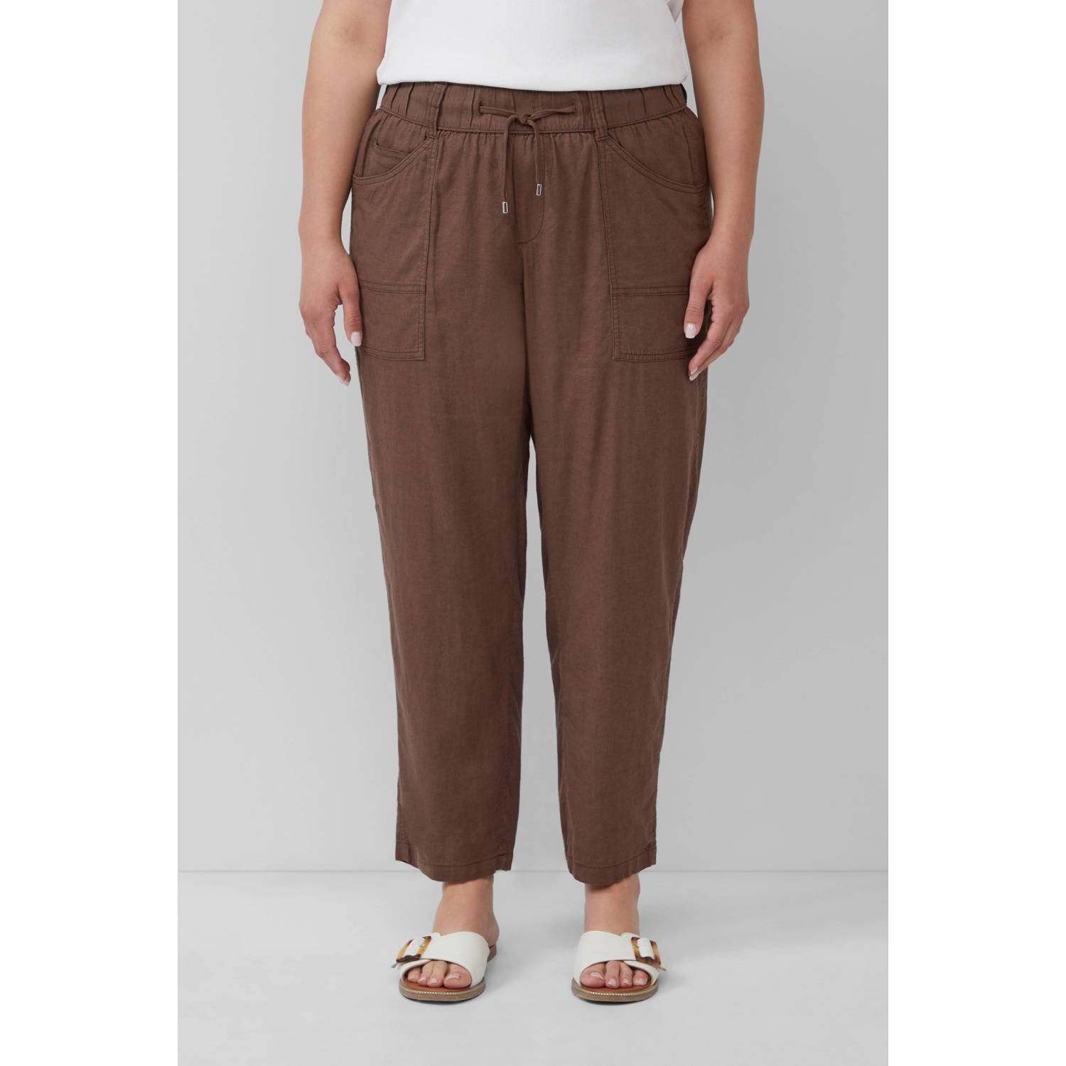 S.Oliver Curve linnen tapered regular waist casual broek donkerbruin