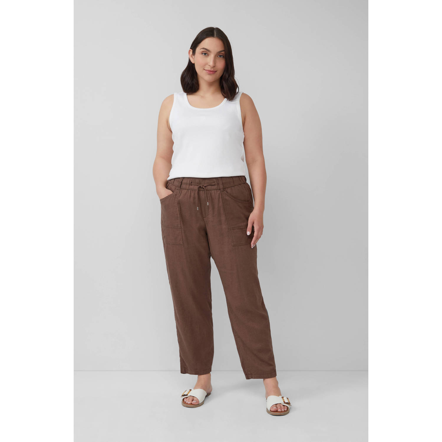 s.Oliver Curve linnen tapered regular waist casual broek donkerbruin